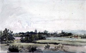 Paisaje de Suffolk, campos con una franja de árboles, una torre de iglesia, casas y un molino de viento de Thomas Churchyard